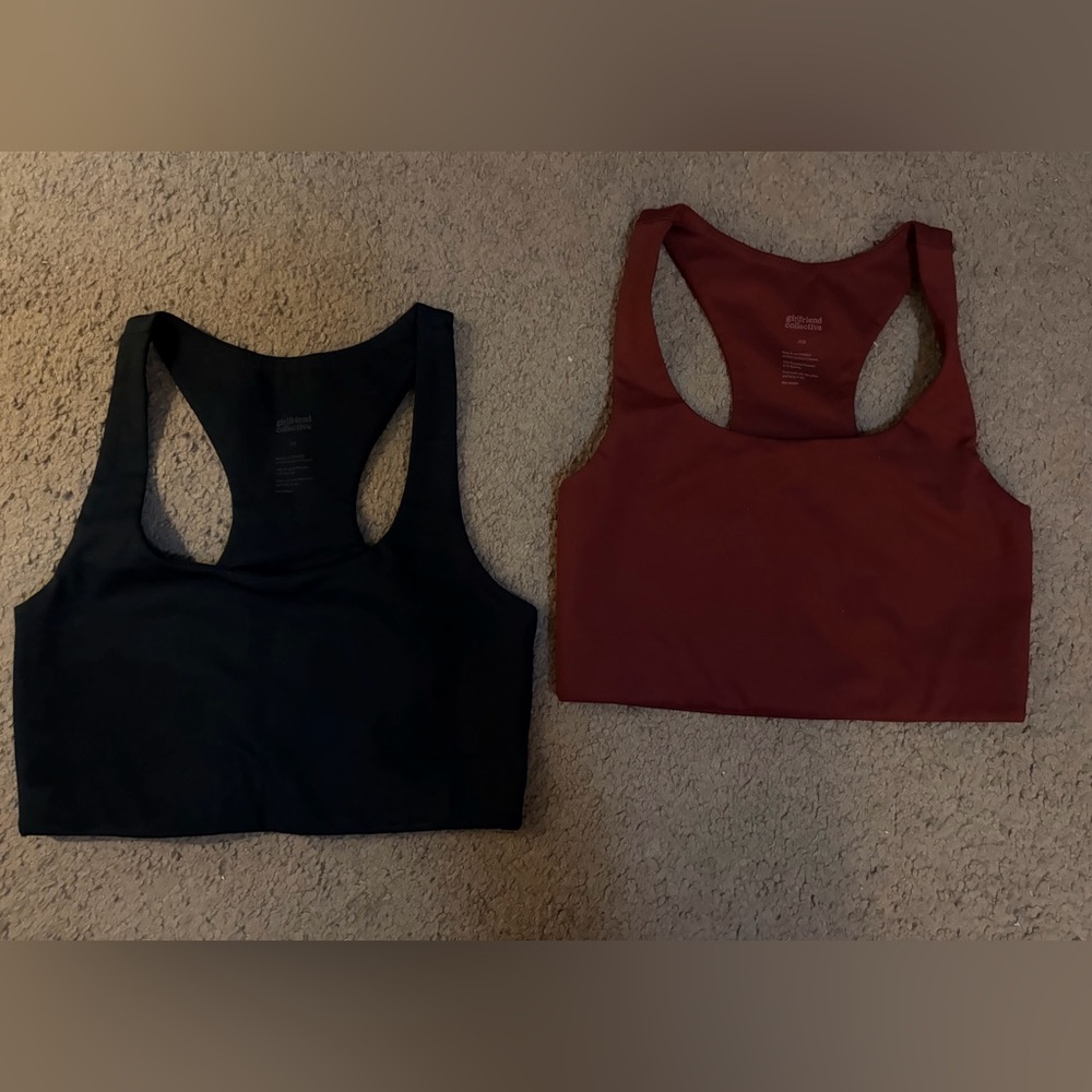 Girlfriend collective Paloma sports bras in black and burgundy